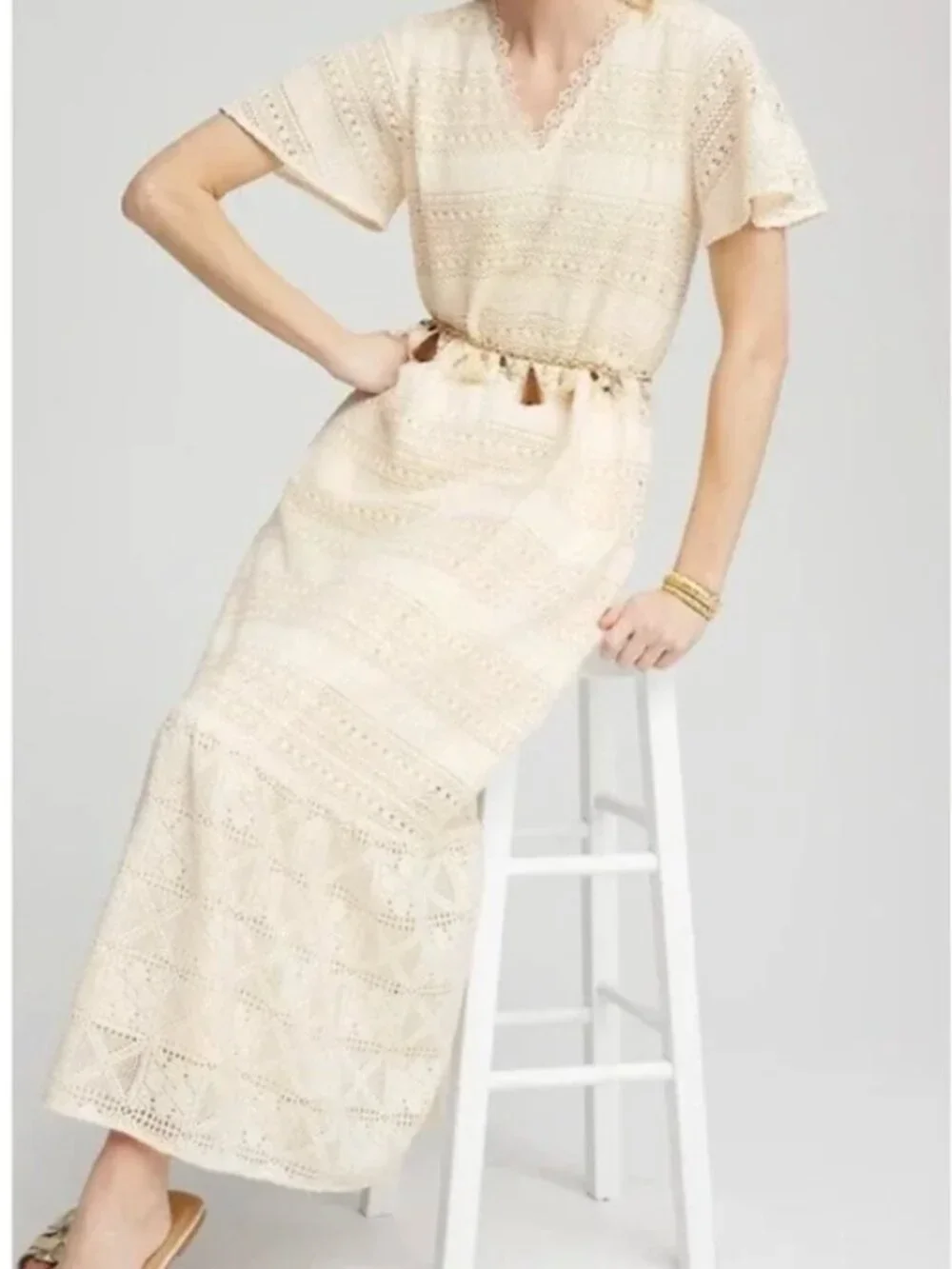 NWOT Chico's Crochet Maxi Dress   Cream Lace Tiered V-Neck US 4 Ivory - Picture 2 of 10